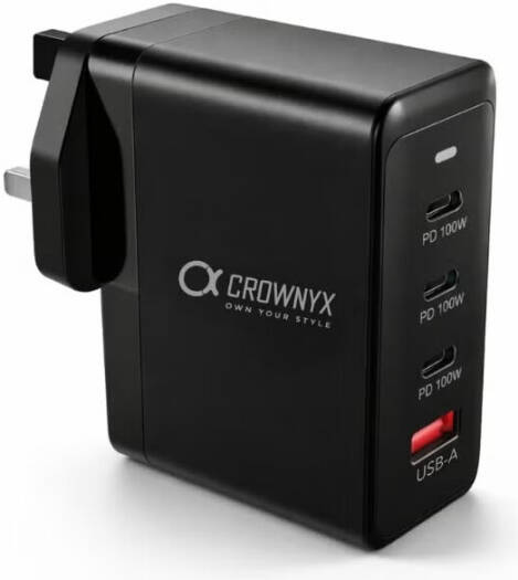 CROWNYX CMC-400 100W Fast Charger, 4-Port USB-C & USB-A PD Wall Adapter for MacBook, Dell, HP, iPad, iPhone 16/15 Pro Max & Samsung Galaxy S24 Ultra Multi-Device Charging, Black | CMC-400