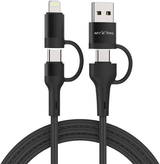 Myx PRO Turbo PowerHub 4-in-1 Fast Charging & Data Cable, 65W USB-C to USB-C & 27W USB-C to Lightning, 1.2M Braided Nylon Cable with USB-A & USB-C Inputs, Black | TRB104