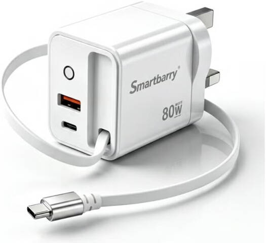 Smartbarry 80W GaN Fast Charger UK Plug with Retractable USB-C Cable, Dual USB-C & USB-A PD Wall Charger for iPhone, Samsung, iPad & MacBook, White | A010