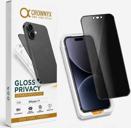 CROWNYX Privacy Screen Protector for iPhone 17, Dust free, Anti Finger Print, Shatter Proof, Scratch Resistant, Anti Spy Tempered Glass, Easy Installation Kit | IP-17-GPSP