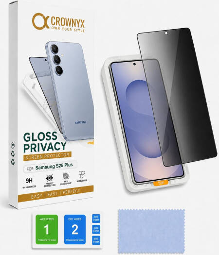 CROWNYX Privacy Screen Protector for Samsung Galaxy S25 Plus, Dust free, Anti Finger Print, Shatter Proof, Scratch Resistant, Anti Spy Tempered Glass Film with Easy Installation Kit | SAM-S25PL-GPSP