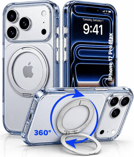 CROWNYX Crystal Spin Case for iPhone 17 Pro Max, 360 Degree Spin Ring Stand, Magsafe Compatible, Military Grade Protection, Anti Yellowing, Transparent Back, Scratch Resistant | IP17PM-MGSF-CSP