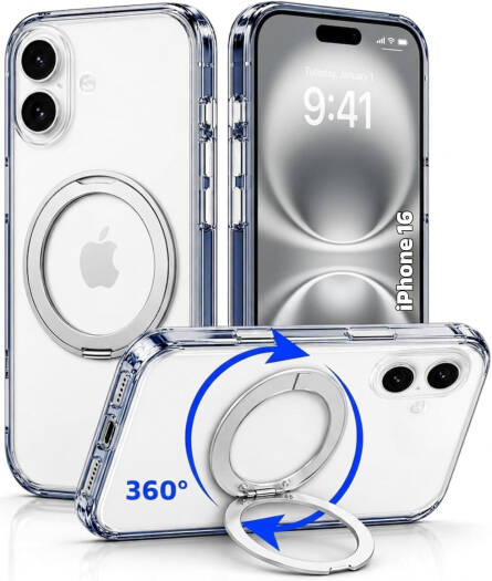CROWNYX Crystal Spin Case for iPhone 16, 360 Degree Spin Ring Stand, Magsafe Compatible, Military Grade Protection, Anti Yellowing, Transparent Back, Scratch Resistant | IP16-MGSF-CSP