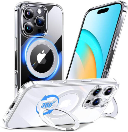 CROWNYX Crystal Spin Case for iPhone 16 Pro, 360 Degree Spin Ring Stand, Magsafe Compatible, Military Grade Protection, Anti Yellowing, Transparent Back, Scratch Resistant | IP16P-MGSF-CSP