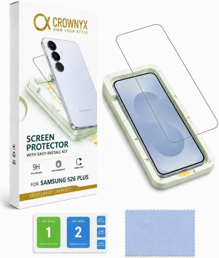 CROWNYX Clear Screen Protector for Samsung Galaxy S26 Plus, 9H Hardness, Military Grade Shatterproof, Black Edge Tempered Glass with Easy Installation Tool, Case-Friendly, HD Clear | SAM-S26PL-CSP