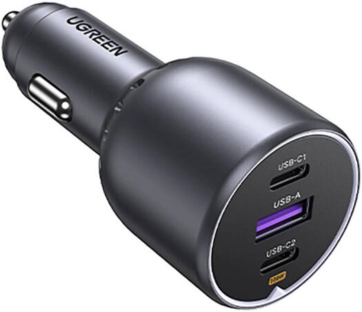 Ugreen Car Charger 130W 2x USB-C 1x USB-A, 100W Laptop Charging, Power Delivery and QC 3.0, Multi Device Fast Charger, Grey | EC705-35025