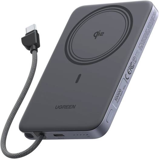UGREEN MagFlow Air Qi2 10000mAh Magnetic Power Bank, 30W USB-C Fast Charging, Qi2 15W Magnetic Wireless Charger, Built-In USB-C Cable, Ultra-Slim Portable Battery Pack, Space Gray | 75982