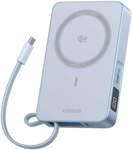 UGREEN MagFlow 10000mAh Magnetic Wireless Power Bank, Qi2 25W Fast Charging, Built-In USB-C Cable, 30W USB-C PD Output, Portable Battery Pack, Gray | 65958
