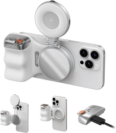 TELESIN Fun Short Grip 2 with Magnetic Selfie Light Bundle, Portable Vlogging Grip Handle and LED Fill Light for Content Creators, White | P1-MP-10-ZH1-AU