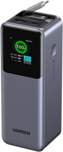 UGREEN Nexode Power Bank with Retractable USB-C Cable, 100W Fast Recharging, 20000 mAh Capacity, 165W Dual Output, 3 Port USB C, TFT Display, Travel Ready, Black | 55987B