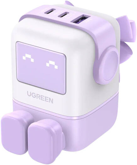 UGREEN Uno 65W GaN Fast Charger, 2x USB C & USB A Port Charging Adapter, PD3.0 QC Fast Charge, LED Display Robot Design, Compact Travel Charger, Purple | 35292
