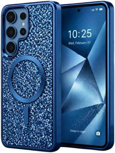 CROWNYX GlamAura Glitter Case for Samsung S25 Ultra, Magsafe Compatible, Bling Sparkle Shockproof Phone, Bumper Cover, Blue | SAMS25UL-MGSF-GA-BLU