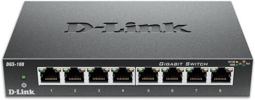 D-Link 8-Port Gigabit Unmanaged Desktop Switch, 8x 10/100/1000BASE-T Ports, 20 Mbps Full-Duplex Data Transfer Rates, 192 KB RAM Buffer, Auto MDI/MDIX Adjustment for All Ports, Black | DGS-108