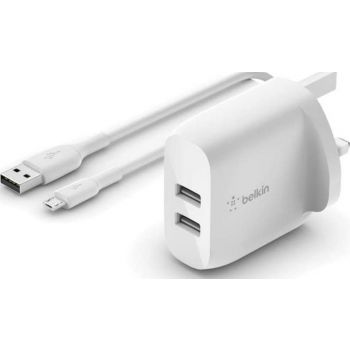 Belkin Dual USB-A Wall 24W Charger, + USB-A to Micro-USB Cable, Charge Two Devices at Once, 1 Meter USB-A to Micro USB Cable, White White | WCE002my1MWH