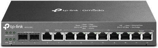 TP-Link ER7212PC Omada 3-in-1 Gigabit VPN Router, Up to 4 WAN Ports, 110W PoE Budget, High-Security VPN, Fanless Design, URL Filtering, Black | ER7212PC