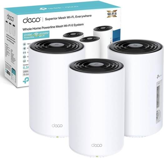 TP-Link Deco PX50 AX3000 + G1500 Whole Home Powerline Mesh Wi-Fi 6 System, Dual-Band, Gigabit Ports, AI-Driven Mesh, Cover up to 6,500 ft2, Up to 150 devices, HomeShield, Pack of 3, White | Deco PX50