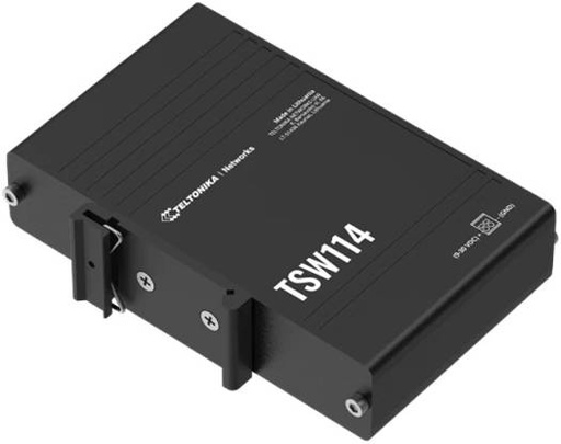 [TSW114] Teltonika TSW114 Gigabit Rail Switch, 5 RJ45, Up to 1000 Mbps, 10 Gbps Bandwidth, 128 KB Buffer, 2-Pin DC, Black | TSW114