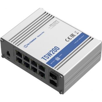 [TSW200] Teltonika TSW200 Industrial Unmanaged Switch, Gigabit Ethernet 8-port PoE, 2 SFP, Bandwidth 20 Gbps, Push-In, 1000 Mbps, Terminal Block | TSW200