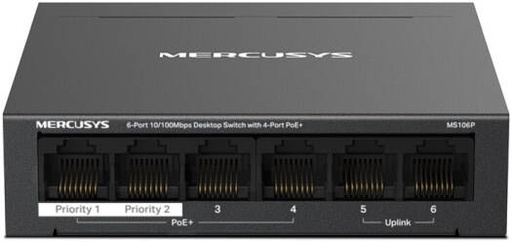 [MS106P] Mercusys MS106P 6-Port Desktop Switch, 4-Port PoE+, 6x 100Mbps, 67W PoE Budget, 802.3af/at, Extend Mode, Isolation Mode, PoE Auto Recovery, Plug & Play, Metal Case | MS106P