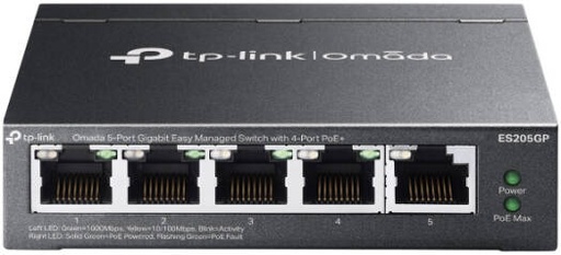 [ES205GP] TP-LINK ES205GP Omada 5-Port Gigabit Switch, Easy Managed, with 4-Port PoE+, 65W Power Budget, Automatic Loop Prevention, VLAN, IGMP Snooping, Black | ES205GP