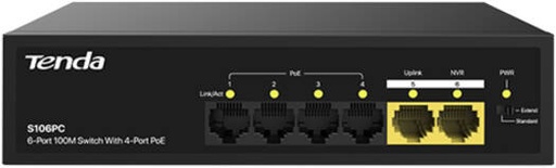 [S106PC] Tenda S106PC 6-Port 10/100/1000Mbps Gigabit Ethernet Desktop Switch with Metal Case and Plug-and-Play Design, 50W Maximum Output Power | S106PC