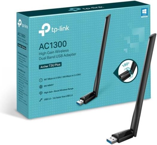 [tp-link-ac1300-high-gain-usb-30-wi-fi-dongle-dual-band-mu-mimo-wi-fi-adapter-with-5dbi-antenna-for-pcdesktoplaptop-supports-windows-108187-archer-t3u-plus] TP-LINK AC1300 USB 3.0 Wi-Fi Dongle, Dual Band MU-MIMO Adapter w/ 5dBi Antenna for PC/Laptop, Supports Windows 10/8.1/8/7 (Archer T3U Plus)
