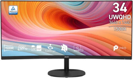 [9S6-3PB2CT-074] MSI PRO MP341CQ E12 Curved Business Monitor, 34 Inch UWQHD Display, VA Panel, 120Hz Refresh Rate, 1ms Response Time, 1500R Curvature, HDR Ready, VESA Mount Support, Black | 9S6-3PB2CT-074