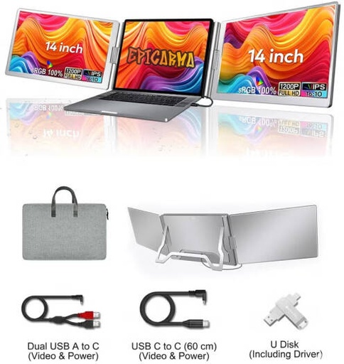 [EA-PTMS688PRO-GY] EpicArma Portable Triple Screen Monitor 14" FHD IPS 100% sRGB | Foldable Laptop Screen Extender with 360° Adjustable Display, Silver | EA-PTMS688PRO-GY