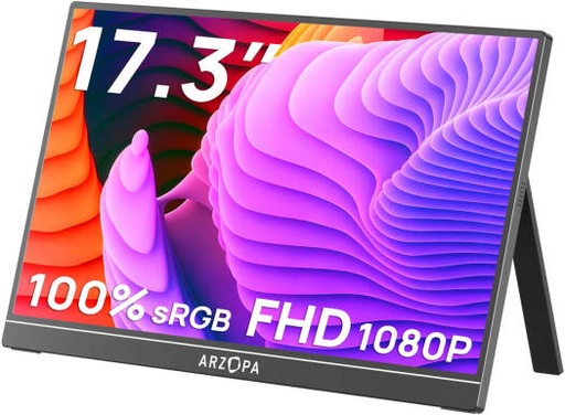 [A1M] ARZOPA A1M Portable Monitor, 17.3" IPS Display, Full HD Resolution, 60Hz Refresh Rate, USB-C & Mini HDMI, Built-in Kickstand, Dual Speakers, HDR, PC, Mac, PS5, Xbox & Switch, Black | A1M