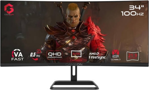 [GOC34WQHD100VA] GAMEON GOC34WQHD100VA Curved Gaming Monitor, 34" VA Display, WQHD Resolution, 100Hz Refresh Rate, 0.5ms (MPRT) Response Time, FreeSync & Adaptive Sync VRR Technology, Black | GOC34WQHD100VA