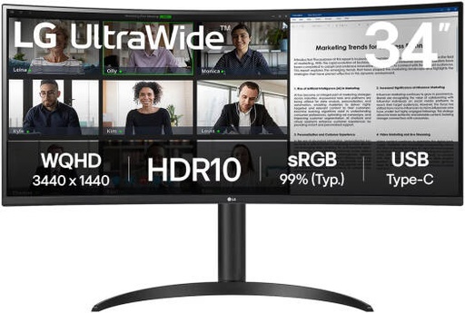 [34WR55QK-B] LG 34WR55QK Curved Monitor, 34" VA Display, WQHD Resolution, 100Hz Refresh Rate, 5ms (GtG @ Faster) Response Time, 16.7m Color Display,, USB Type-C with 65W Power Delivery, Black | 34WR55QK-B