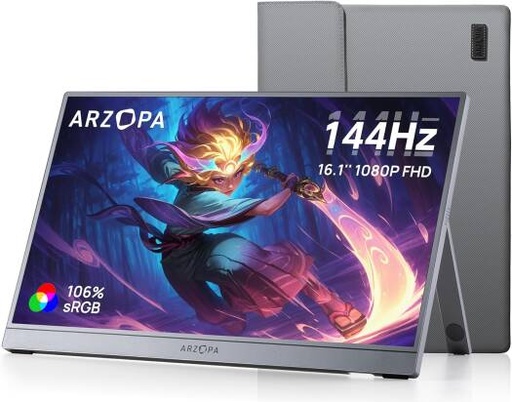 [Z1FC] ARZOPA Portable Gaming Monitor, 16.1'' IPS Display, FHD Resolution, 144Hz Refresh Rate, Ultra Slim, Eye Care, External Second Screen for Laptop, PC, PS5, Mac, Gray | Z1FC