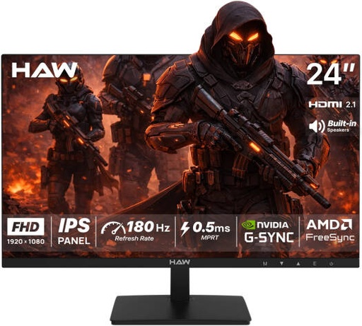 [F24IPY] HAW F24IPY Gaming Monitor, 24" IPS Display, FHD Resolution, 180Hz Refresh Rate, 0.5ms (MPRT) Response Time, Built-in Dual 2W Speakers, Adaptive-Sync, FreeSync, Black | F24IPY