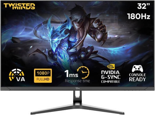 [TM32FHD180VA] Twisted Minds TM32FHD180VA Flat Gaming Monitor, 32" FHD VA Display, 180Hz Refresh Rate, 1ms Response Time, Aspect Ratio 16 9, Contrast Ratio 3000 1, HDMI & PD Ports, Black | TM32FHD180VA