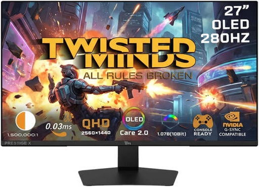 [TM27QDOLD280] Twisted Minds Prestige X Series Gaming Monitor, 27" QHD OLED Display, 280Hz Refresh Rate, 0.03ms, 1.07B (10Bit) Display Colors, Tear-Free Sync Technology, HDR On/Off, Black | TM27QDOLD280