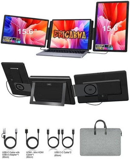 [EA-PTMS9H-BK] EpicArma 15.6" Portable Triple Screen Monitor Extender FHD IPS, USB-C HDMI Dual Display for Laptop Windows Mac | EA-PTMS9H-BK