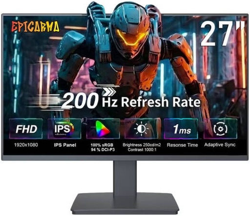 [EA-G27IRH-BK] EpicArma Gaming Monitor, 27" IPS Display, FHD Resolution, 200Hz Refresh Rate, 1ms Response Time, Frameless, AMD FreeSync Technology, Built-in Low Blue Light, Eye Care, Black | EA-G27IRH-BK