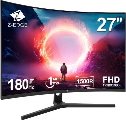 [UG27F-180Hz] Z-EDGE UG27F Curved Gaming Monitor, 27" VA Display, FHD Resolution, 180Hz Refresh Rate, 1ms (MPRT) Response Time, 1500R Curvature, Black | UG27F-180Hz