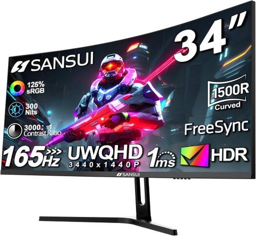 [ES-G34C5] SANSUI ES-G34C5 Curved Gaming Monitor, 34" Fast VA Display, UWQHD Resolution, 165Hz Refresh Rate, 1ms (MPRT) Response Time, FreeSync Technology | ES-G34C5