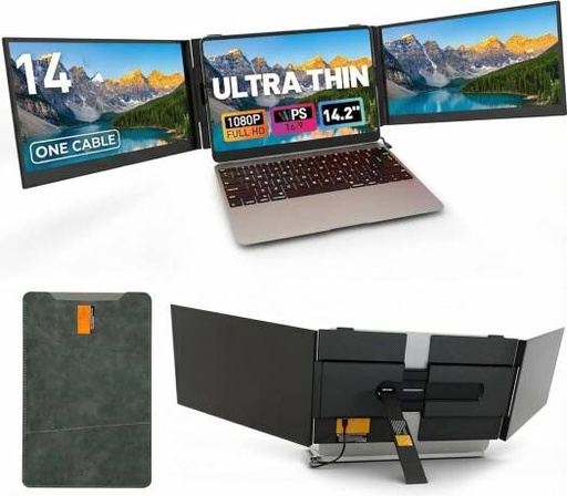 [VS8U] V2COM S8 Ultra 14" Triple Laptop Screen Extender, One Cable USB-C Portable Monitor, FHD 1080P Ultra-Thin Lightweight Triple Screen for 13 17" Laptops | VS8U