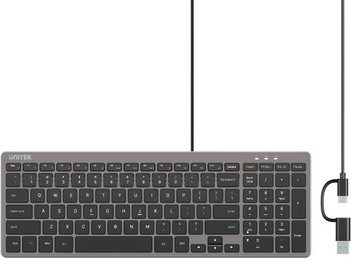 [T053AGY01-US-AR] UNITEK SlimTap Ultra Slim 99-Key Wired Keyboard, Arabic/English Layout, Silent Scissor Switch, Ergonomic Top-Raising, Green LED Indicators, Plug & Play, 1.5m Cable Length, Space Grey | T053AGY01-US-AR