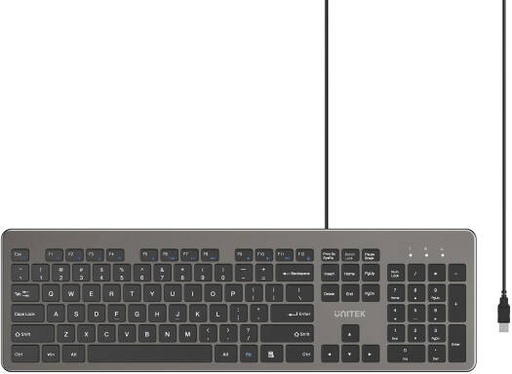 [T052AGY01-US-AR] UNITEK SlimTap Ultra Slim 104-Key Wired Keyboard, Arabic/English Layout, Silent Scissor Switch, Ergonomic Top-Raising, Blue LED Indicators, Plug & Play, 1.5m Cable Length, Space Gray | T052AGY01-US-AR