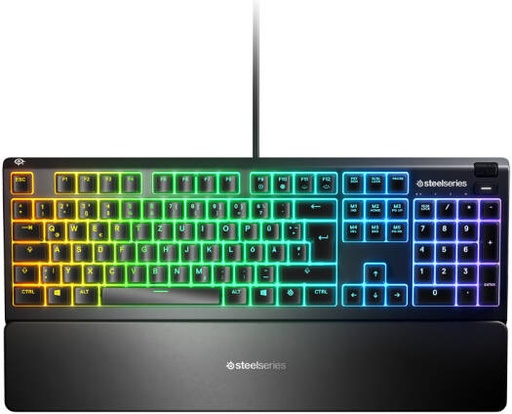 [64928] SteelSeries Apex 3 Water Resistant Gaming Keyboard, Premium Magnetic Wrist Rest, Whisper Quiet Gaming Switch, 10-Zone RGB Illumination, Anti-Ghosting, English-Arabic Layout, Black | 64928