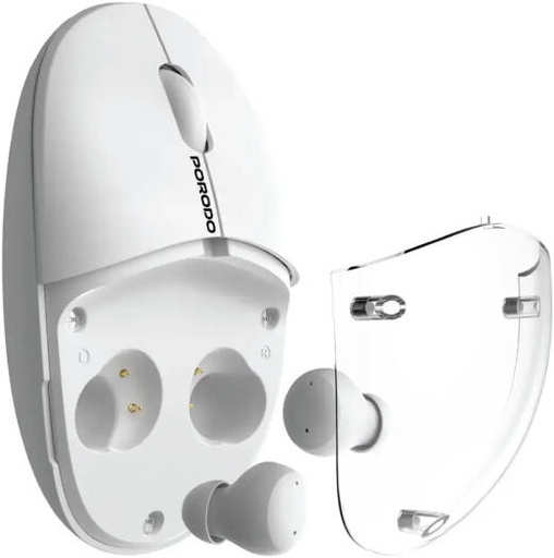 [PDSTS650WH] Porodo Wireless TWS Earbud Mouse with Transparent Magnetic Cover, Dual Mode Connectivity, Adjustable DPI 800,1200,1600, 30H Mouse 4H Earbuds Battery Life, Type C Charging, White | PDSTS650WH