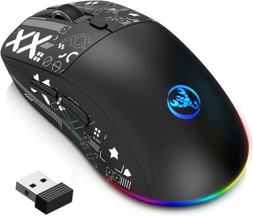 [T90] HXSJ T90 Tri-Mode Wired/Wireless Gaming Mouse, 5 DPI Adjustable Level, 650mAh Battery, 5 Buttons, RGB Lighting 6 Modes, Ultra-Light, Silent Switches, Type-C Fast Charging, Black | T90