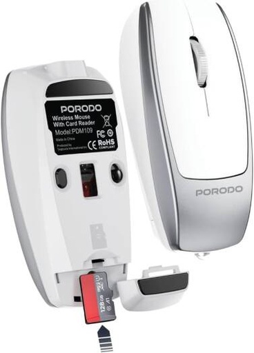 [PDM109SL] Porodo Wireless Mouse, 1600 DPI Adjustable Sensitivity, Bluetooth 5.1, 10m Range, Silent Click, Type C Rechargeable Battery, Built in Micro SD Card Reader, Ergonomic Design, Silver | PDM109SL