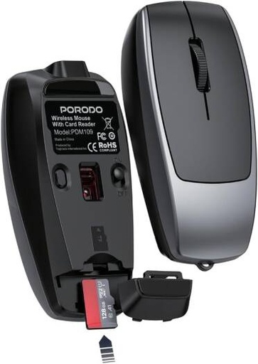 [PDM109BK] Porodo Wireless Mouse, 1600 DPI Adjustable Sensitivity, Bluetooth 5.1, 10m Range, Silent Click, Type C Rechargeable Battery, Built in Micro SD Card Reader, Ergonomic Design, Black | PDM109BK