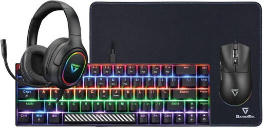 [76024] GamerTek Power Pack V2 Gaming Bundle, 68-Key Layout Keyboard, 7 Button Wired Mouse, Cloth & Rubber Material Desk Mat, 50mm Omni-Directional Headphone, Black | 76024