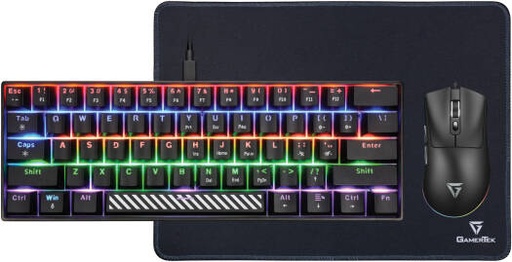 [76026] GamerTek Alpha Pack Gaming Bundle, 61 Keys Jixian Red Switch Rainbow Backlit Wired Keyboard, Up to 12,800 DPI 7 Button Wired Mouse, 360x260x3mm Desk Mat, Black | 76026