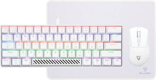 [76027] GamerTek Alpha Pack Gaming Bundle, 61 Keys Jixian Red Switch Rainbow Backlit Wired Keyboard, Up to 12,800 DPI 7 Button Wired Mouse, 360x260x3mm Desk Mat, White | 76027